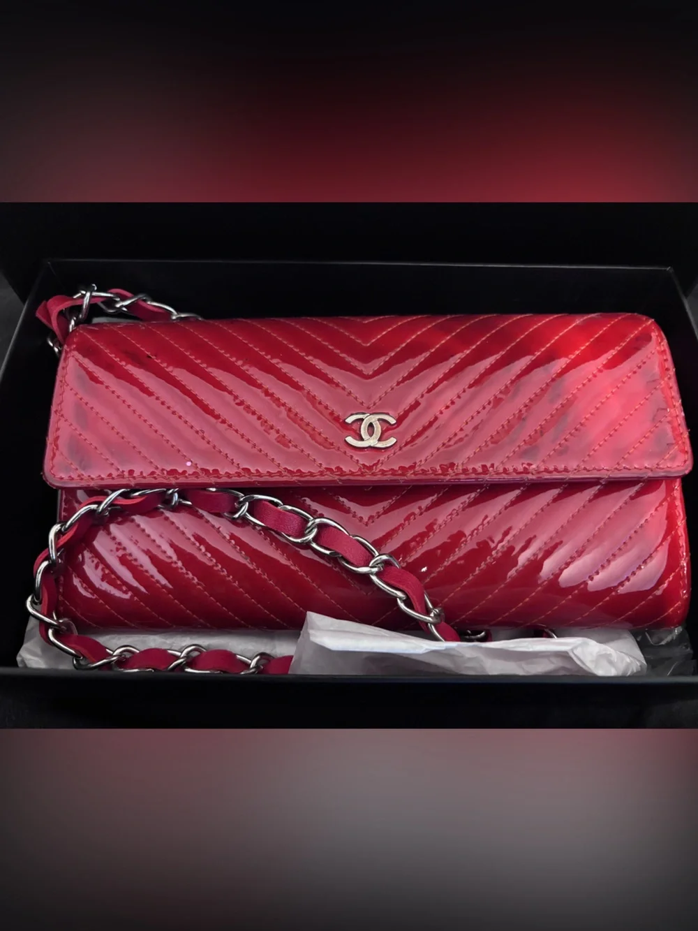 Chanel Red Quilted Patent Leather Wallet on Chain